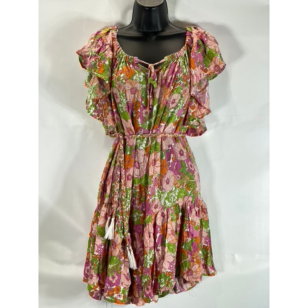 RACHEL ZOE Women's Green/Pink Floral Print Ruffle Belted Mini Dress SZ S