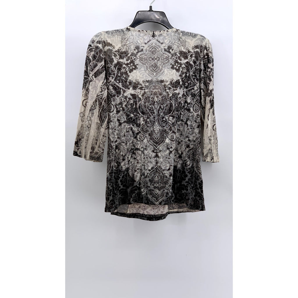 LOVE AMOUR Women's Wihte-Black Y2K Floral 3/4 Sleeve Top SZ M
