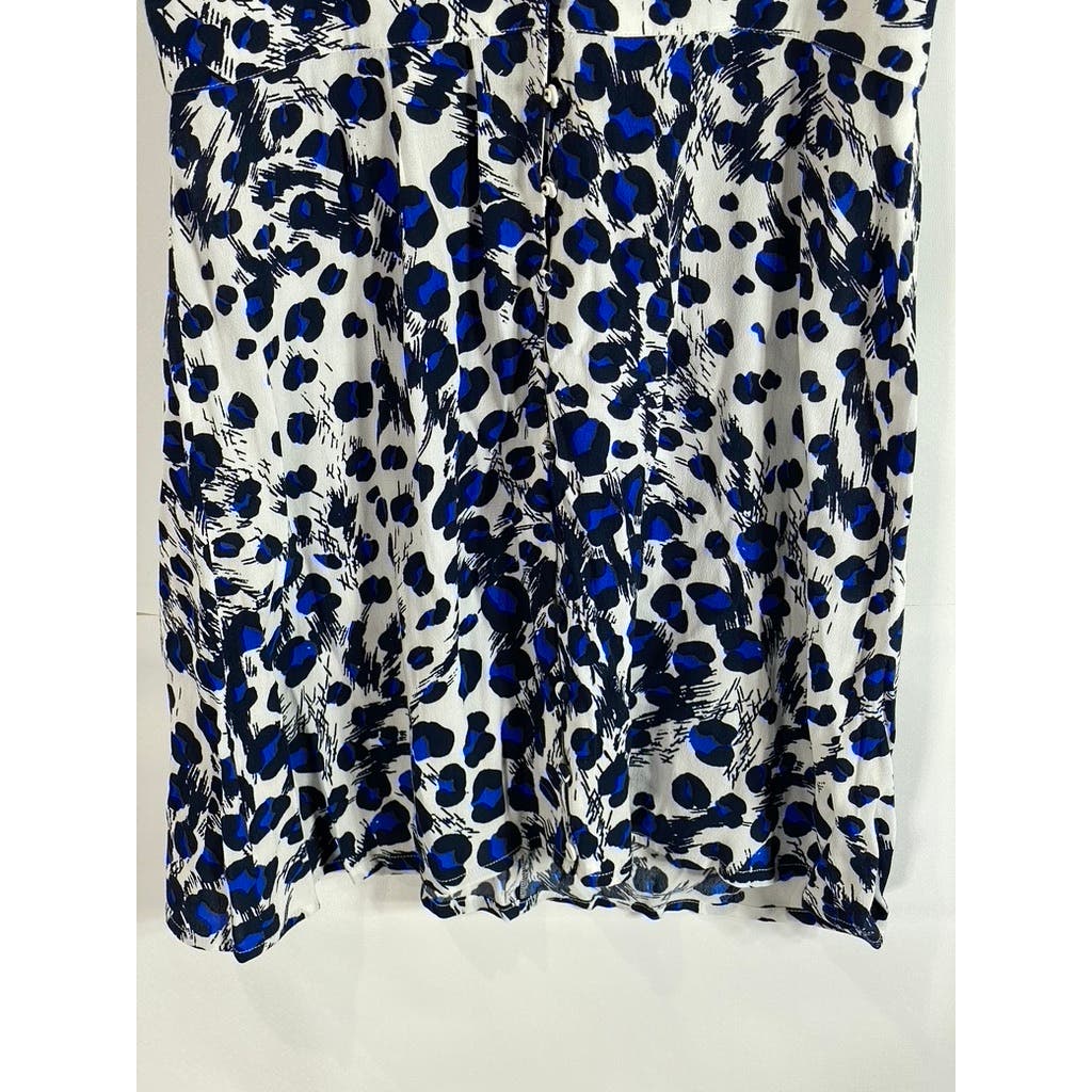 WHISTLES Women's Blue Brushed Leopard Button V-Neck Short Sleeve Dress SZ 8