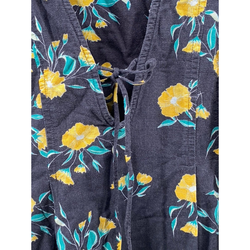 FREE PEOPLE Women's Black-Yellow Floral Adelle Short Sleeve Tunic Top SZ L