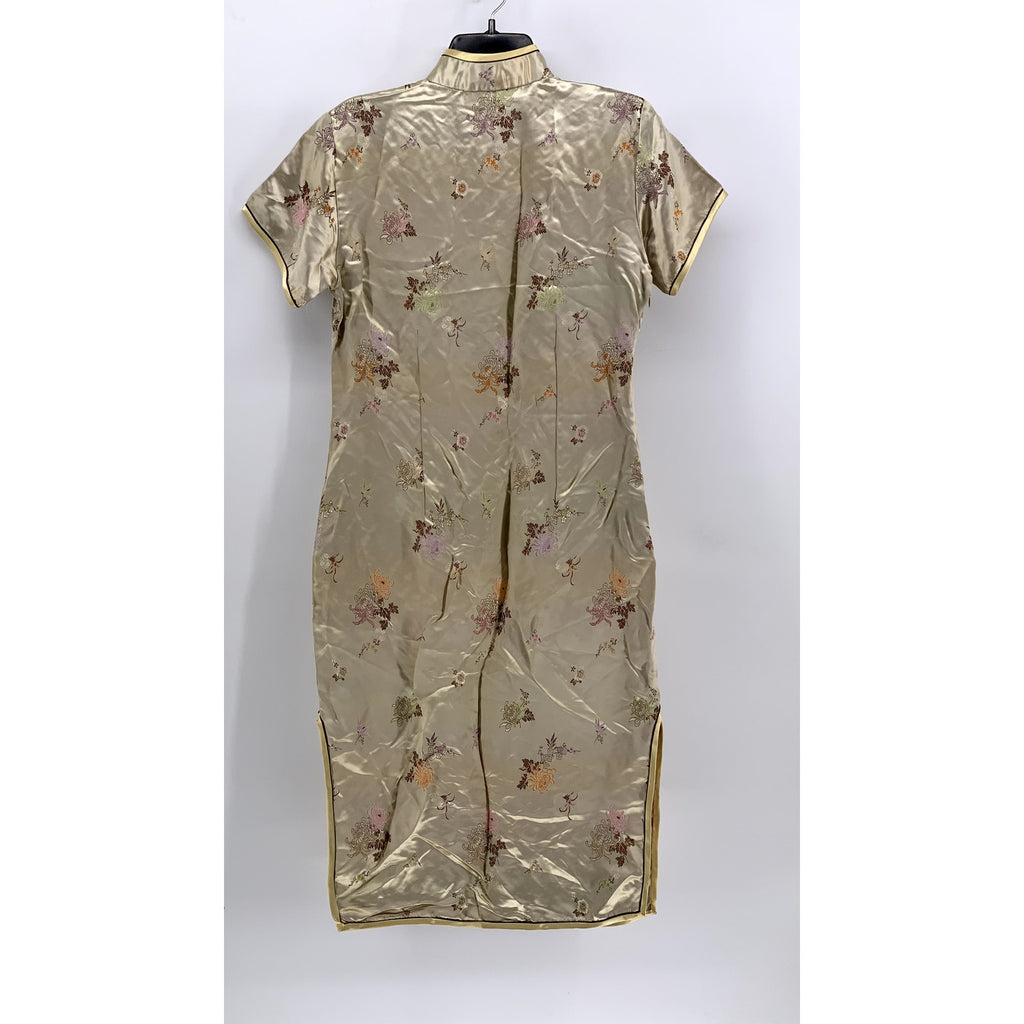 SILKROAD CREATIONS Women's Beige Satin Floral Print Cheongsam Dress SZ 40(US12)