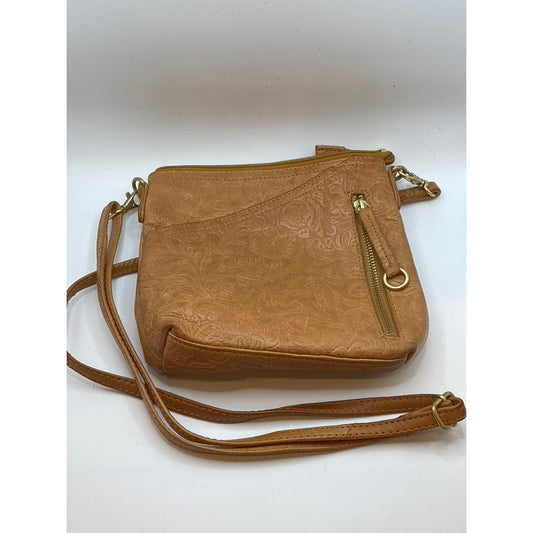 UNBRANDED Women's Tan Leather Floral Stamp Cross Body Bag SZ OS