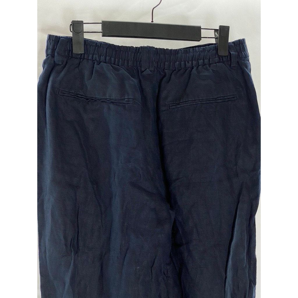 ZARA Men's Navy Blue Linen Straight-Fit Drawstring Pant SZ M