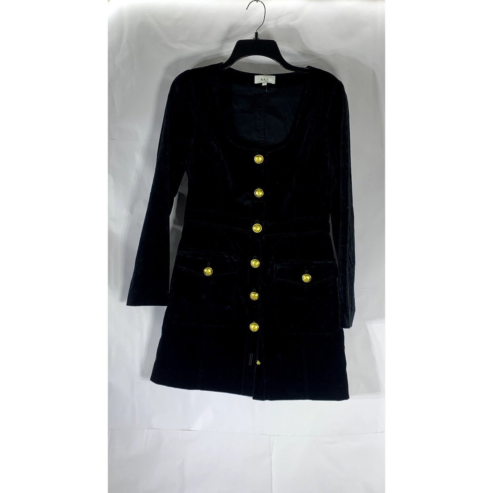 A.L.C. Women's Black Velvet Ivy Button-Front Long Sleeve Mini Dress SZ 8
