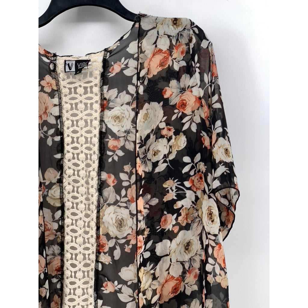 VIBE SPORTSWEAR Women's Black-Beige Floral Print Open-Front Kimono SZ S