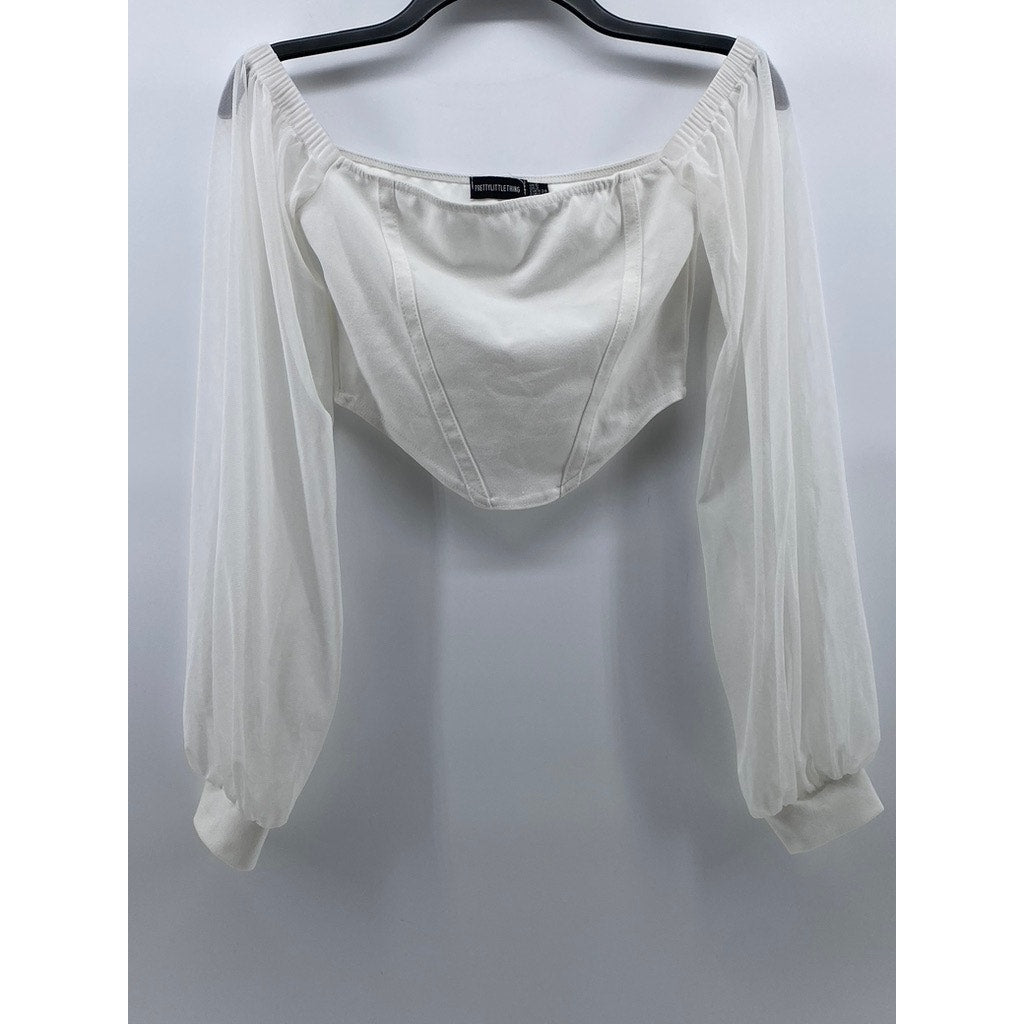 PRETTYLITTLETHING Women's White Shape Corset Sheer Long Sleeve Cropped Top SZ 2