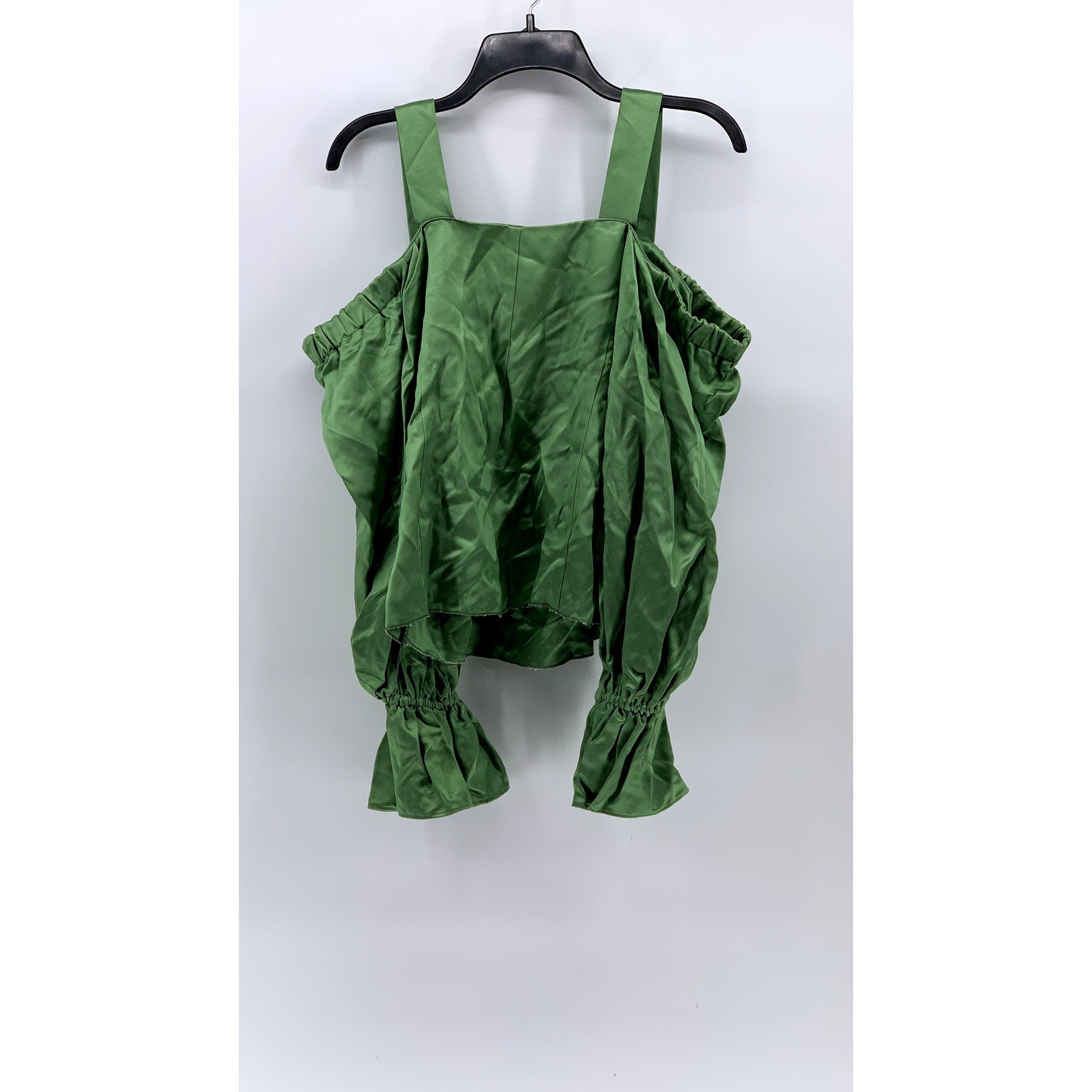 UNBRANDED Women's Green Satin Straight-Neck Long Sleeve Cutout Shoulder Top SZ M