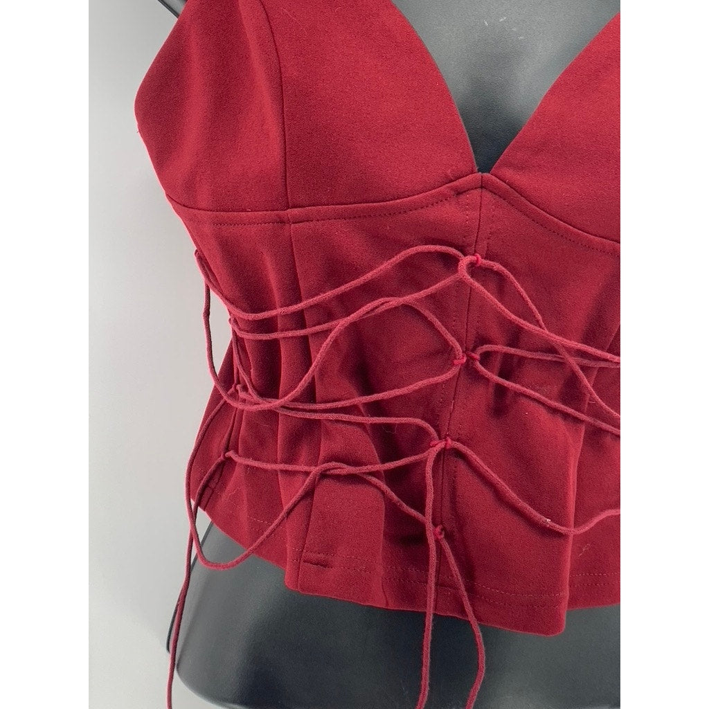 CIDER Women's Wine V-neck Lace-Up Corset Crop Top SZ L(US8)