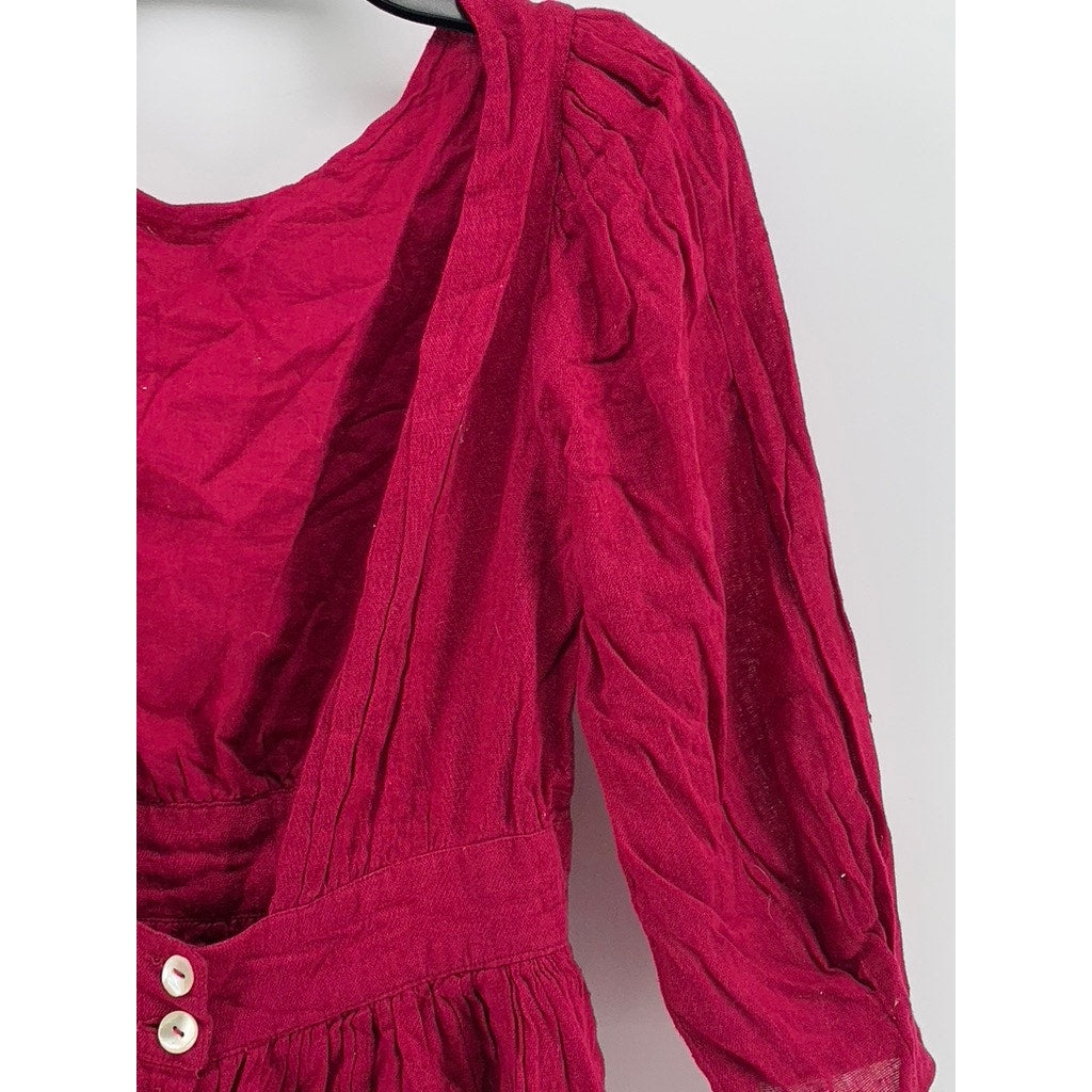 FREE PEOPLE Women's Fuchsia Antigua Open V-Back Button Long Sleeve Dress SZ XS