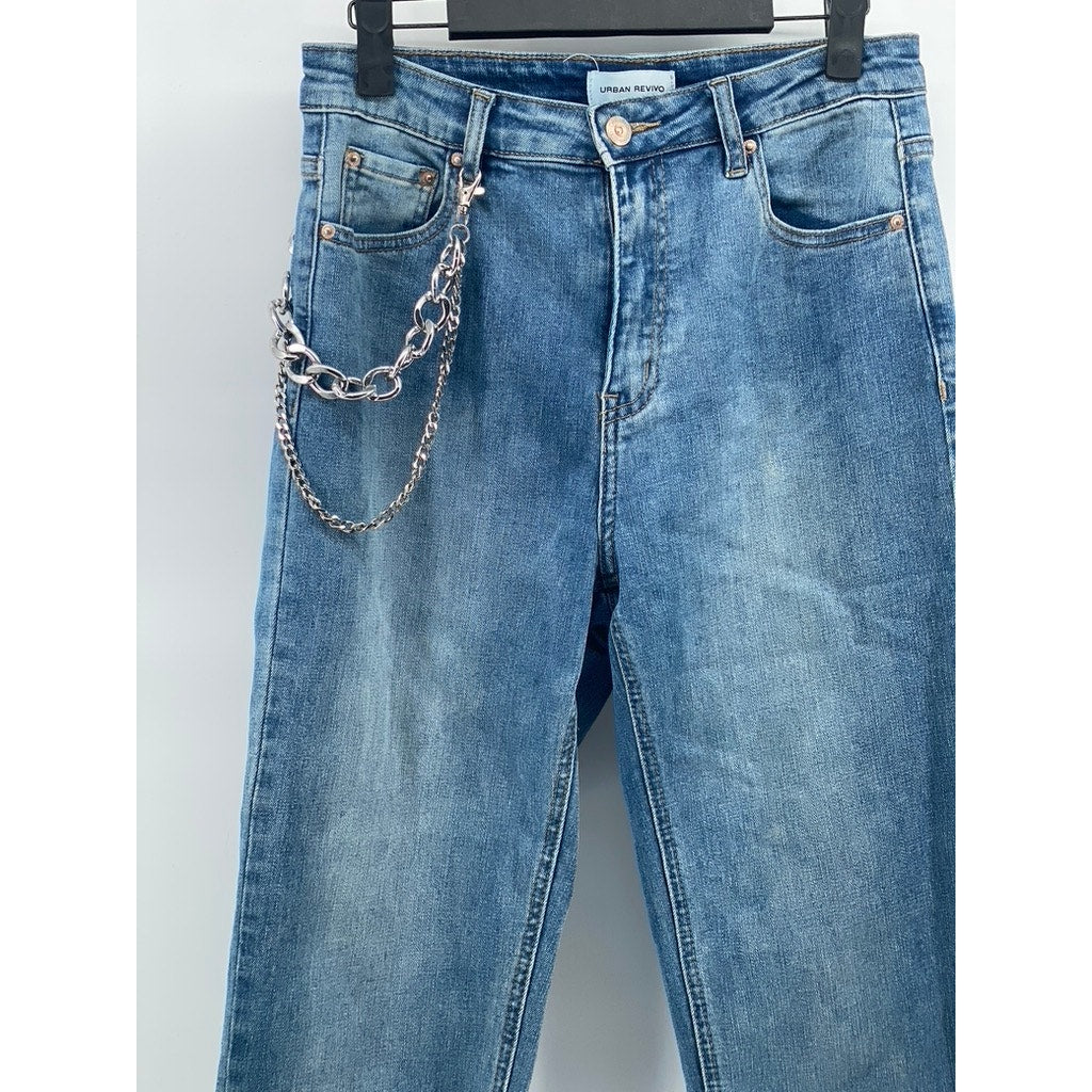 URBAN REVIVO Women's Medium Wash Blue Denim Chain Five-Pocket Jogger Jeans SZ 2