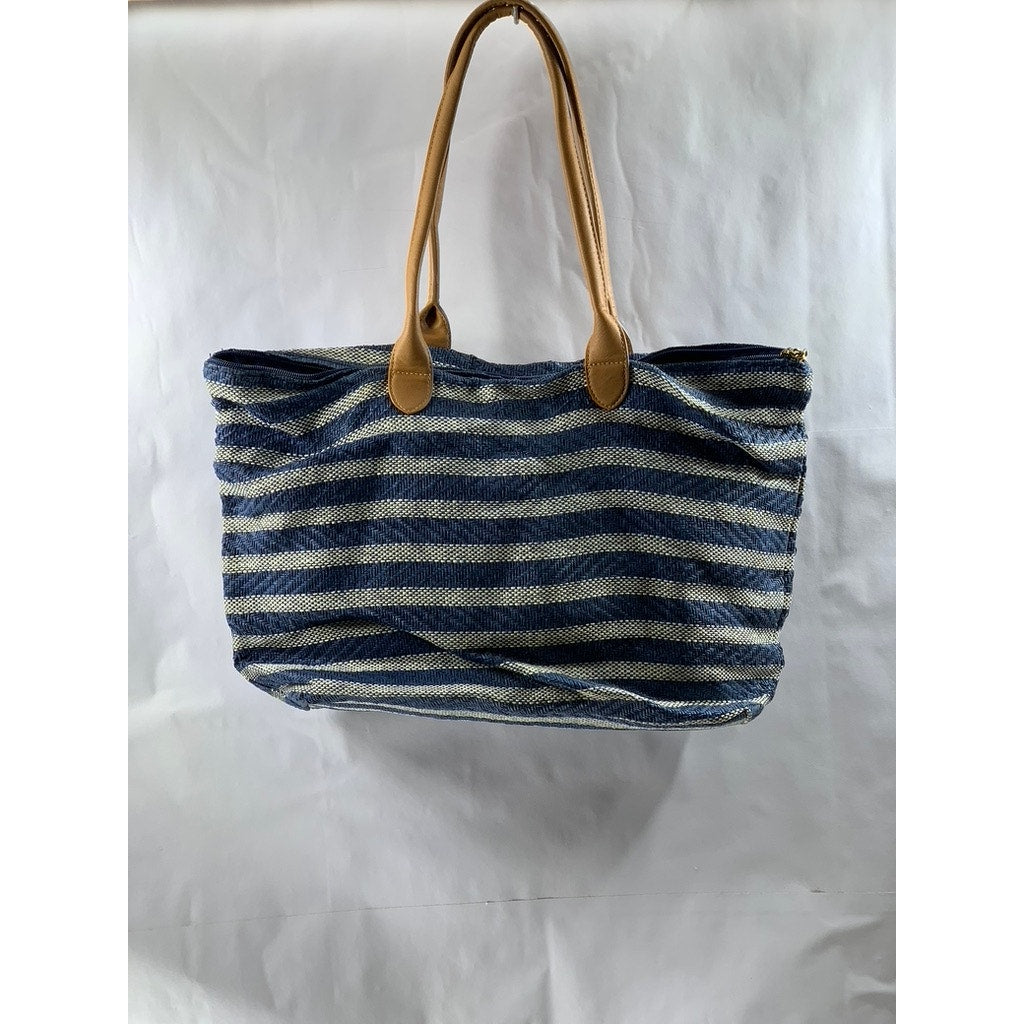 H&M Women's Blue-White Straw Woven Striped Shoulder Bag
