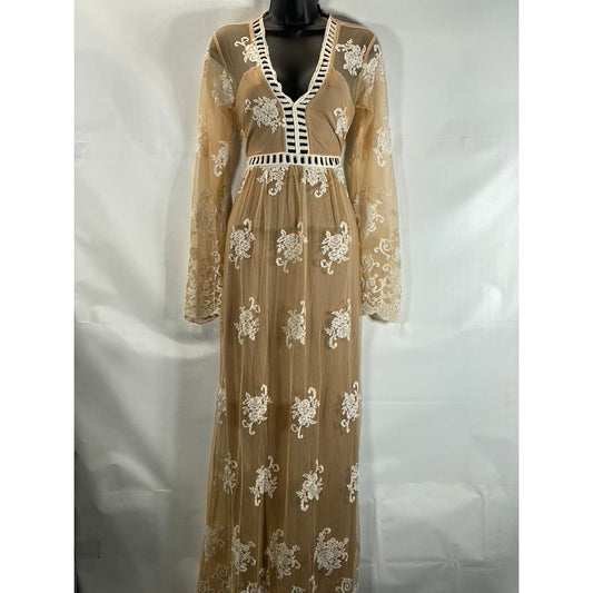 CIDER Women's Tan V-Neck Mesh Floral Lace Long Sleeve Maxi Dress SZ M(US6)