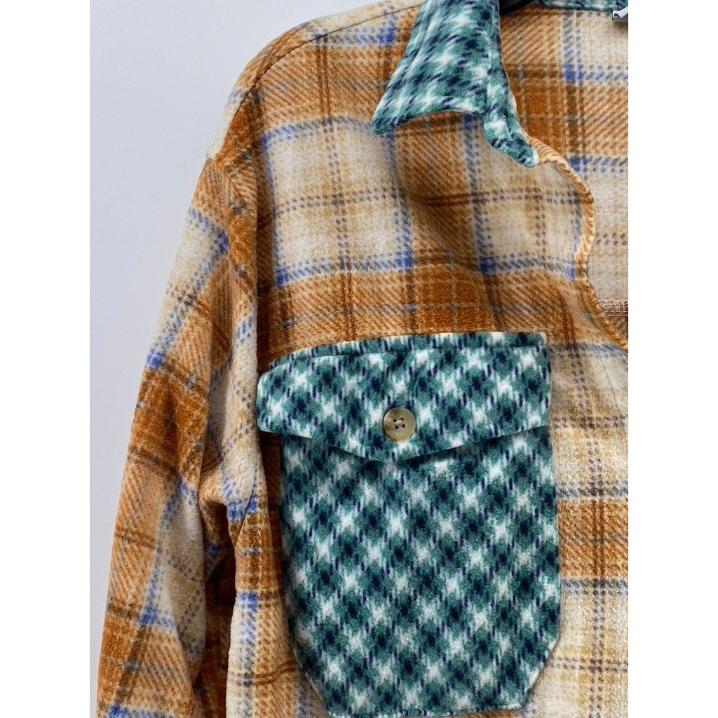 JUST POLLY NEW YORK Women's Brown-Green Plaid Colorblock Button-Up Top SZ M