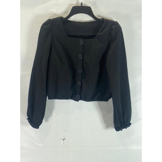 ALXNAN STUDIO Women's Black Square-Neck Long-Sleeve Button-Up Cropped Top SZ L