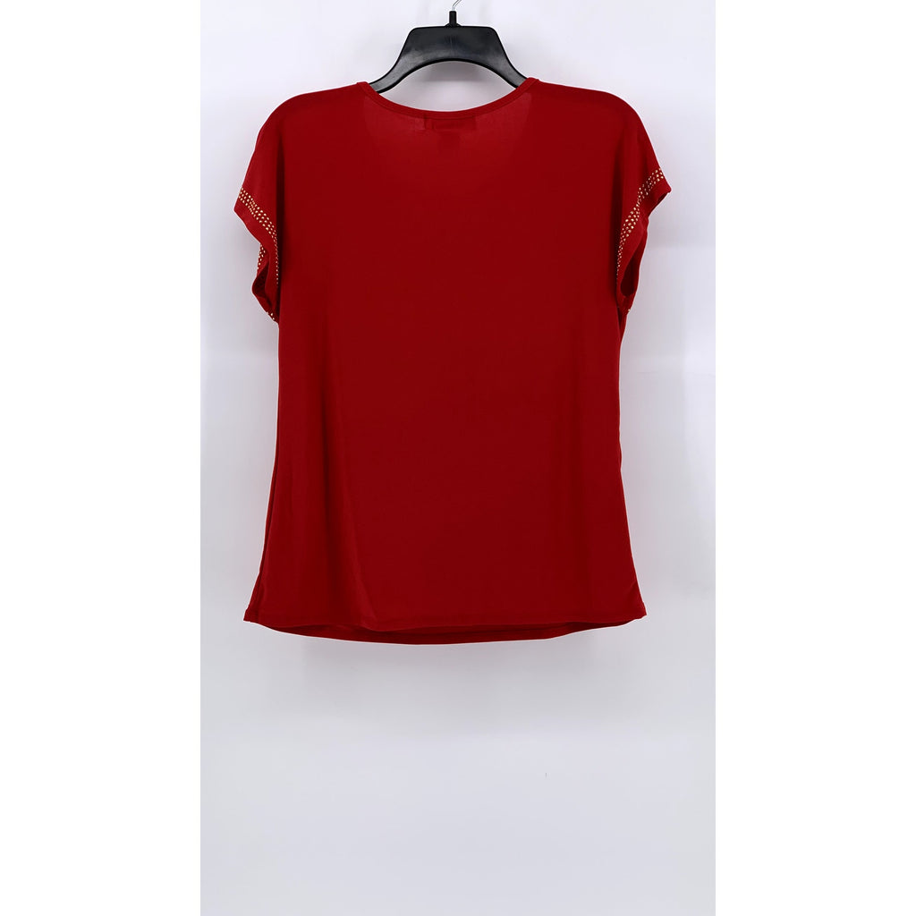 DIANA BELLE Women's Red-Gold Studded Short Sleeve V-Neck Cutout Top SZ S