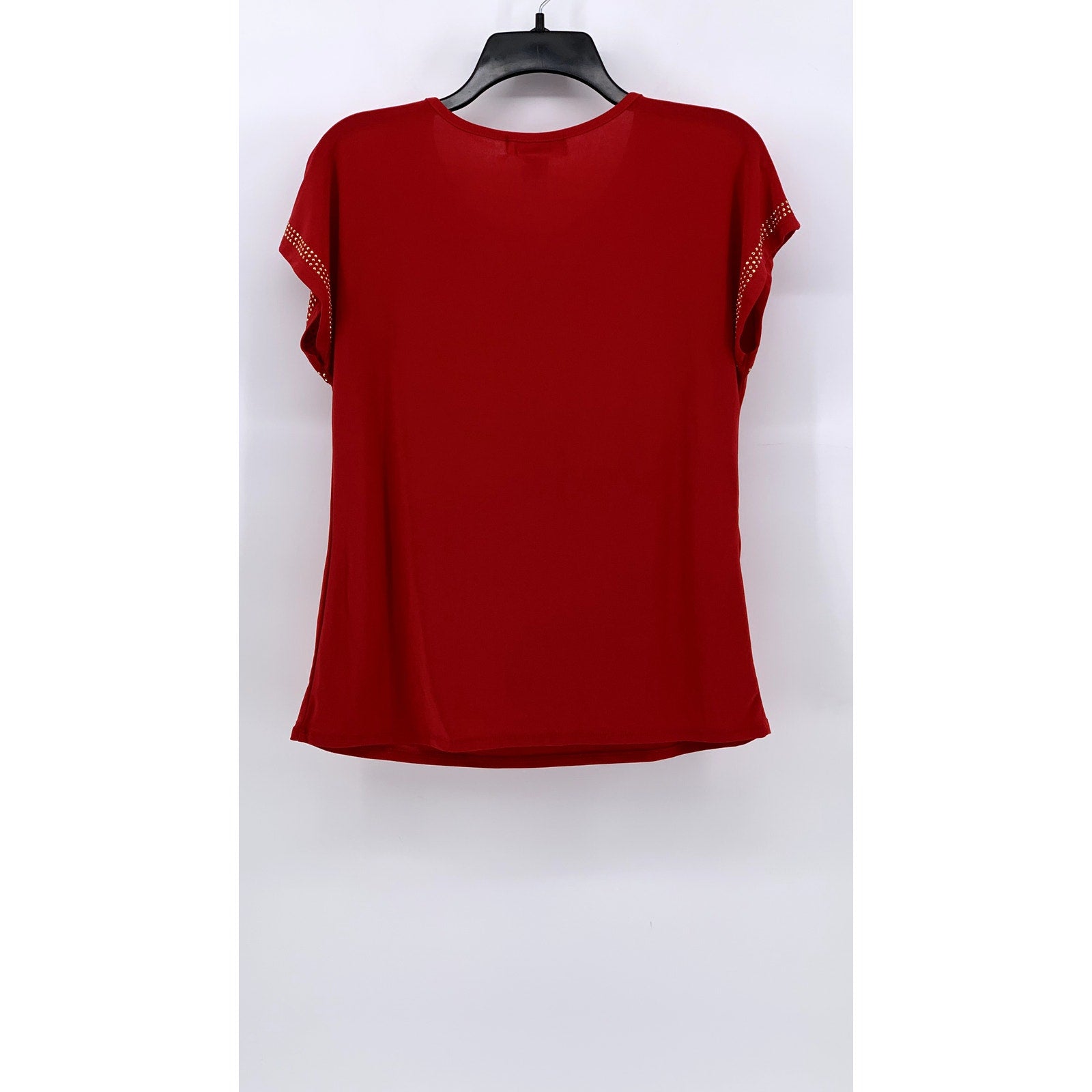 DIANA BELLE Women's Red-Gold Studded Short Sleeve V-Neck Cutout Top SZ S
