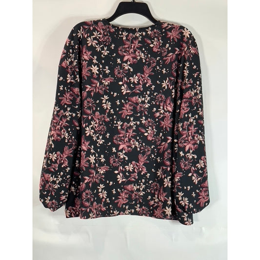 NORDSTORM Women's Black Floral Print V-Neck Long Sleeve Top SZ XL