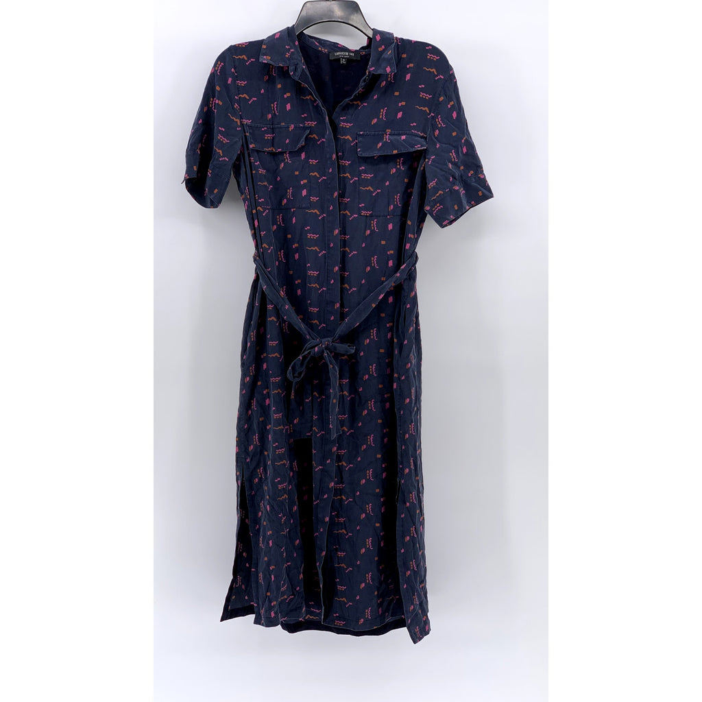LAFAYETTE 148 NEW YORK Women's Navy Blue Silk Printed Doha Slit Shirtdress SZ M