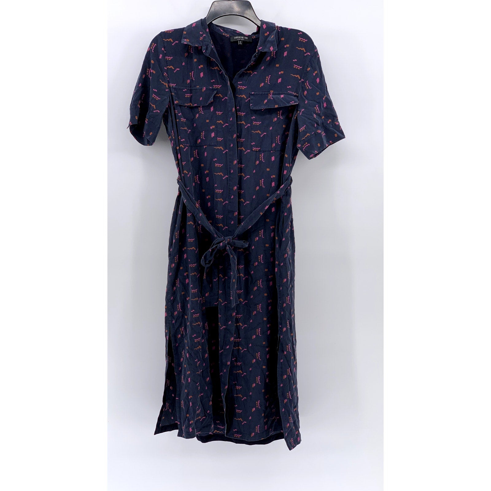 LAFAYETTE 148 NEW YORK Women's Navy Blue Silk Printed Doha Slit Shirtdress SZ M