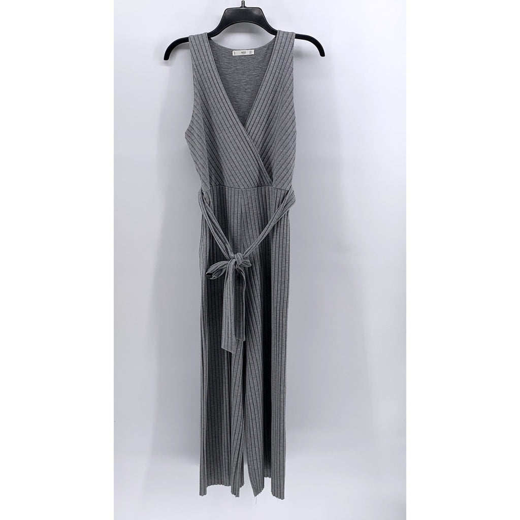 MNG Women's Gray Ribbed V-Neck Sleeveless Belted Jumpsuit SZ S
