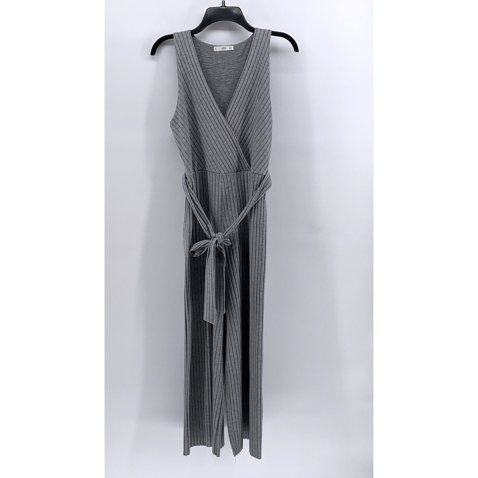 MNG Women's Gray Ribbed V-Neck Sleeveless Belted Jumpsuit SZ S