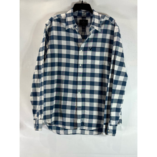 AMERICAN EAGLE OUTFITTERS Men's Blue Plaid Classic-Fit Button-Up Shirt SZ L