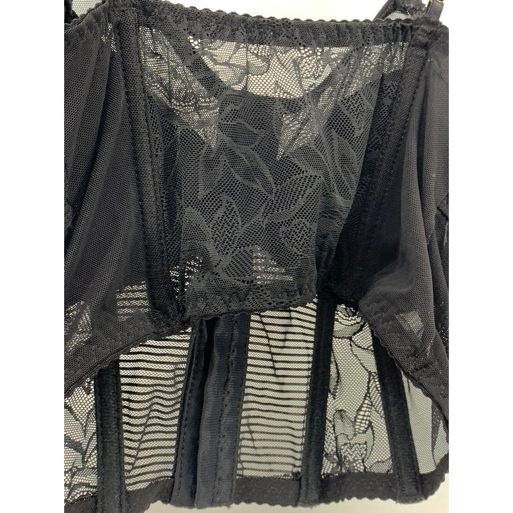 UNBRANDED Women's Black Floral Mesh V-Neck Hook Corset Cropped Top SZ S