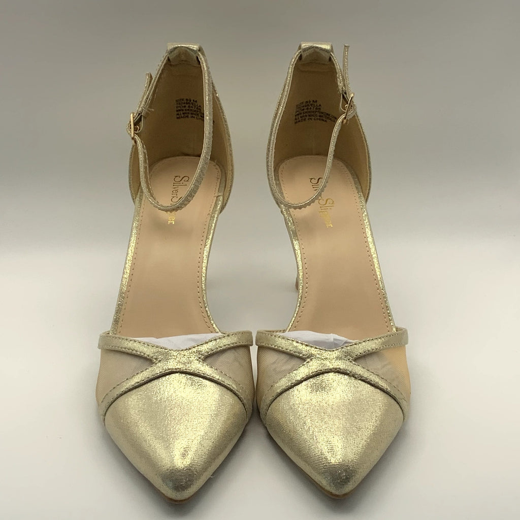 SILVER SLIPPER Women's Gold Ella Pointed-Toe Ankle-Strap Rhinestone Heels SZ8.5