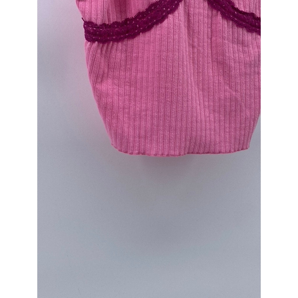 WILD FABLE Women's Pink Rib Knit Lace-Trim V-Neck Spaghetti Strap Cami Top SZ S