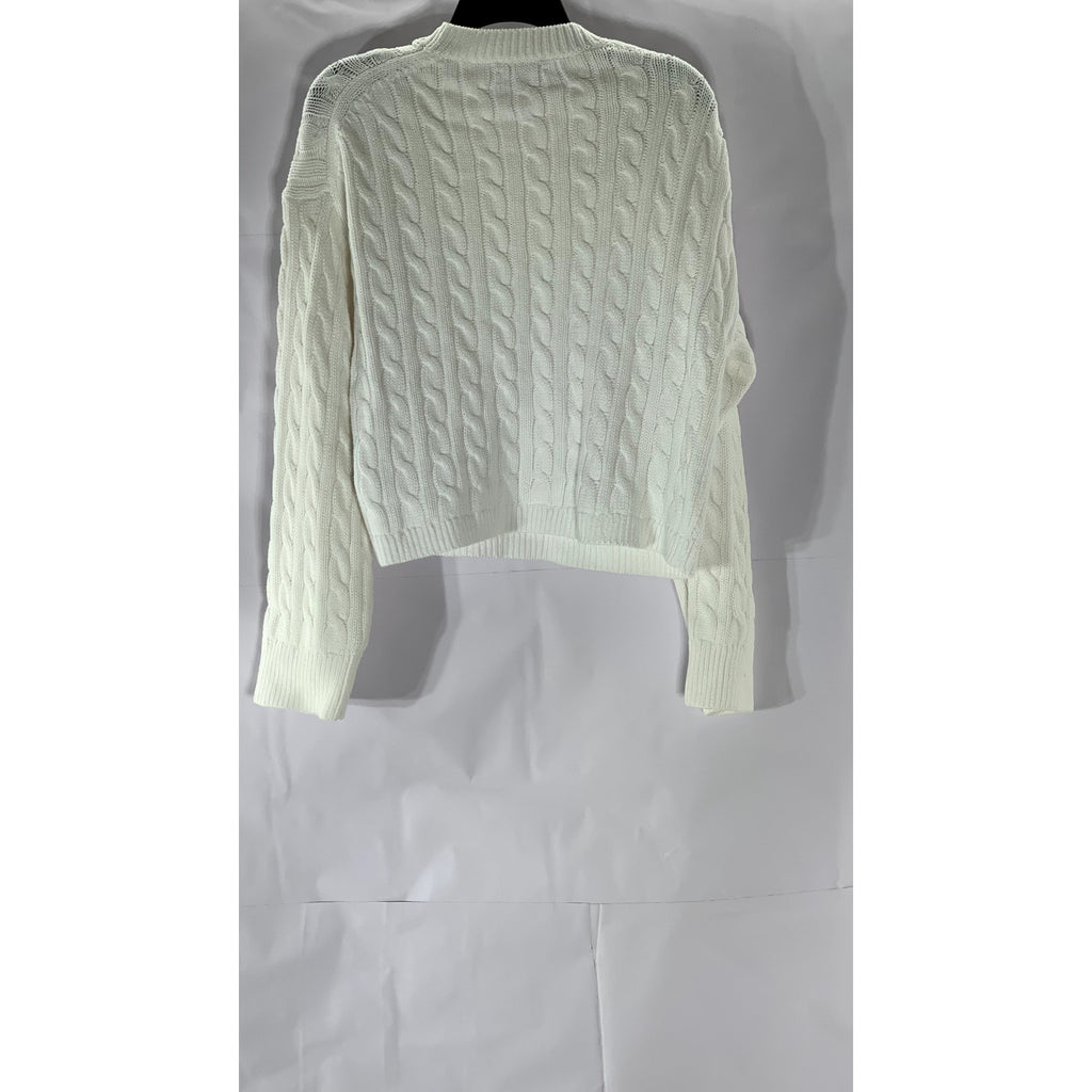 J.CREW Women's White Cable-Knit Crewneck Long Sleeve Cropped Sweater SZ M