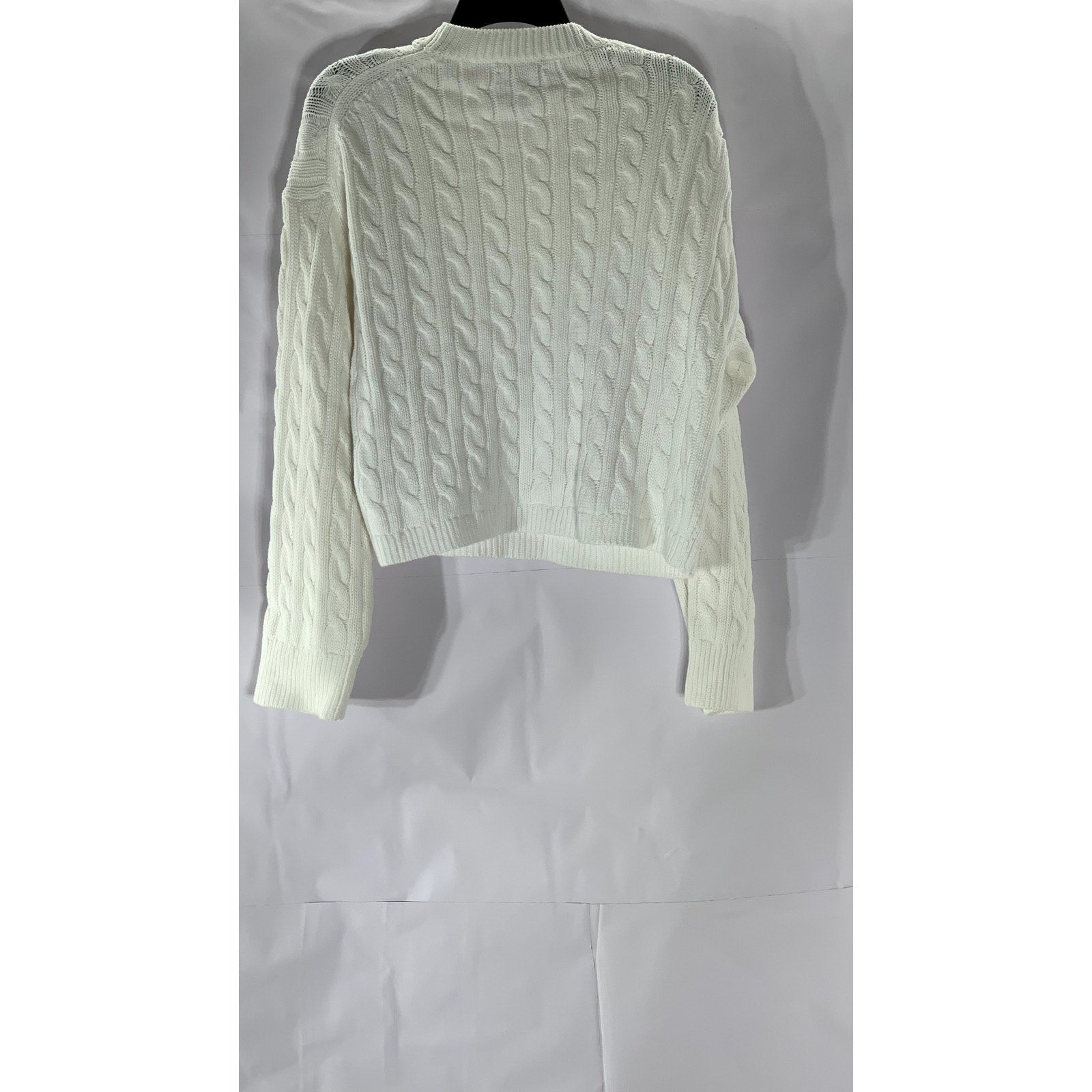 J.CREW Women's White Cable-Knit Crewneck Long Sleeve Cropped Sweater SZ M