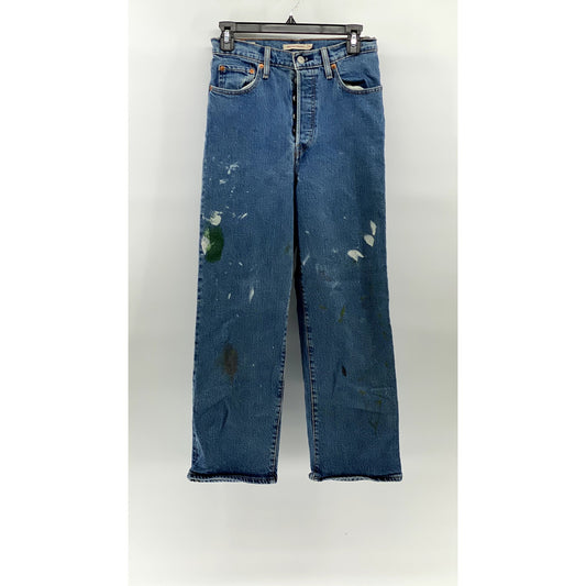 LEVI'S Women's Medium Blue Distressed Ribcage Straight Button-Fly Jeans SZ 28