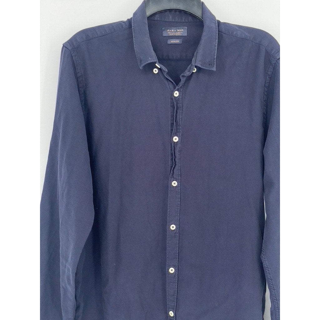 ZARA Men's Navy Blue Textured Slim-Fit Button-Up Long Sleeve Shirt SZ XL
