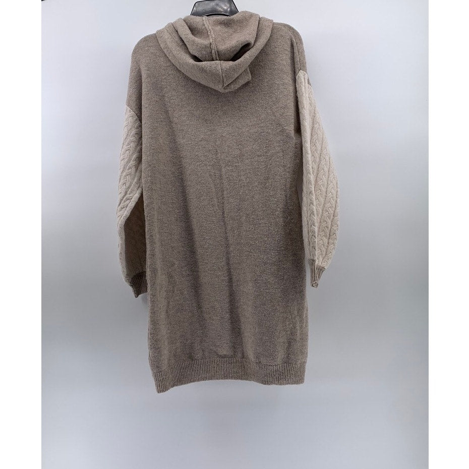 STITCHDROP Women's Beige Cable-Knit Long Sleeve Hooded Knee Sweater Dress SZ S