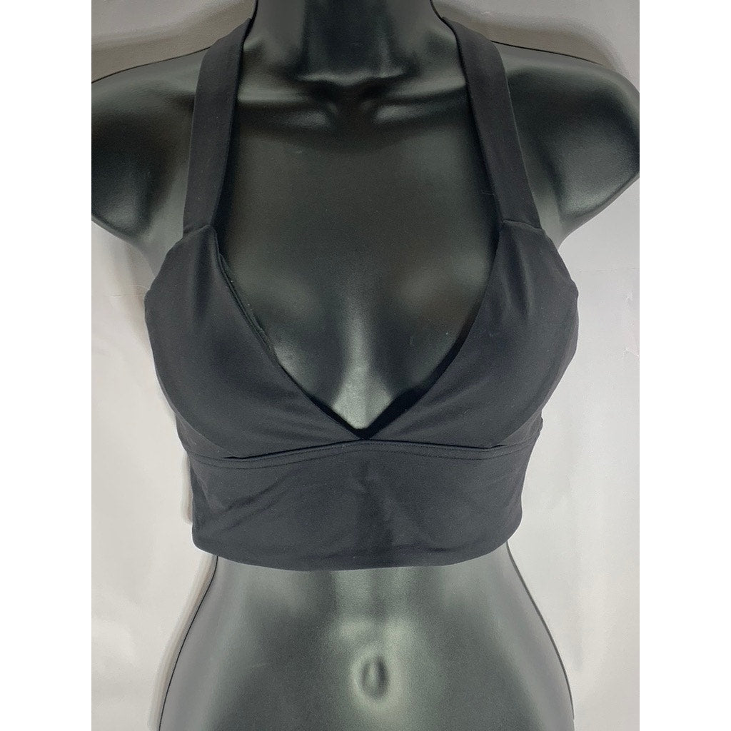 LULULEMON Women's Black Solid Deep V-Neck Cross-Back Cutout Sport Bra SZ S