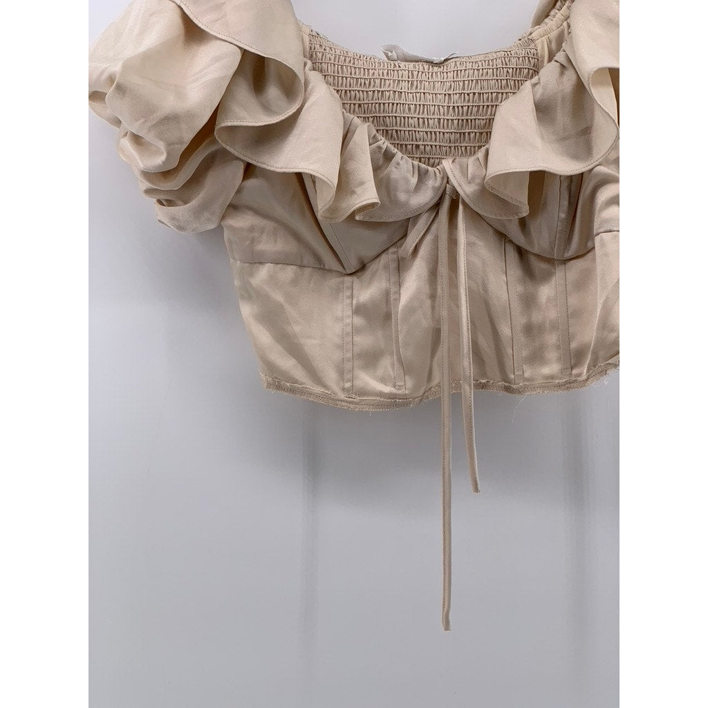 ASTR THE LABEL Women's Beige Satin Ruffle Crop Top SZ S