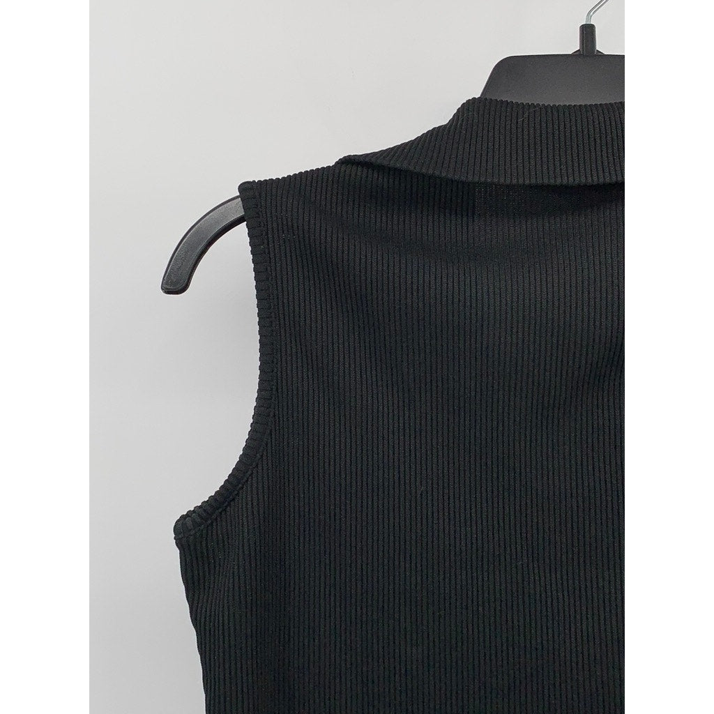 UNBRANDED Women's Black Rib Knit Sleeveless Split Neck Polo Cropped Top SZ S