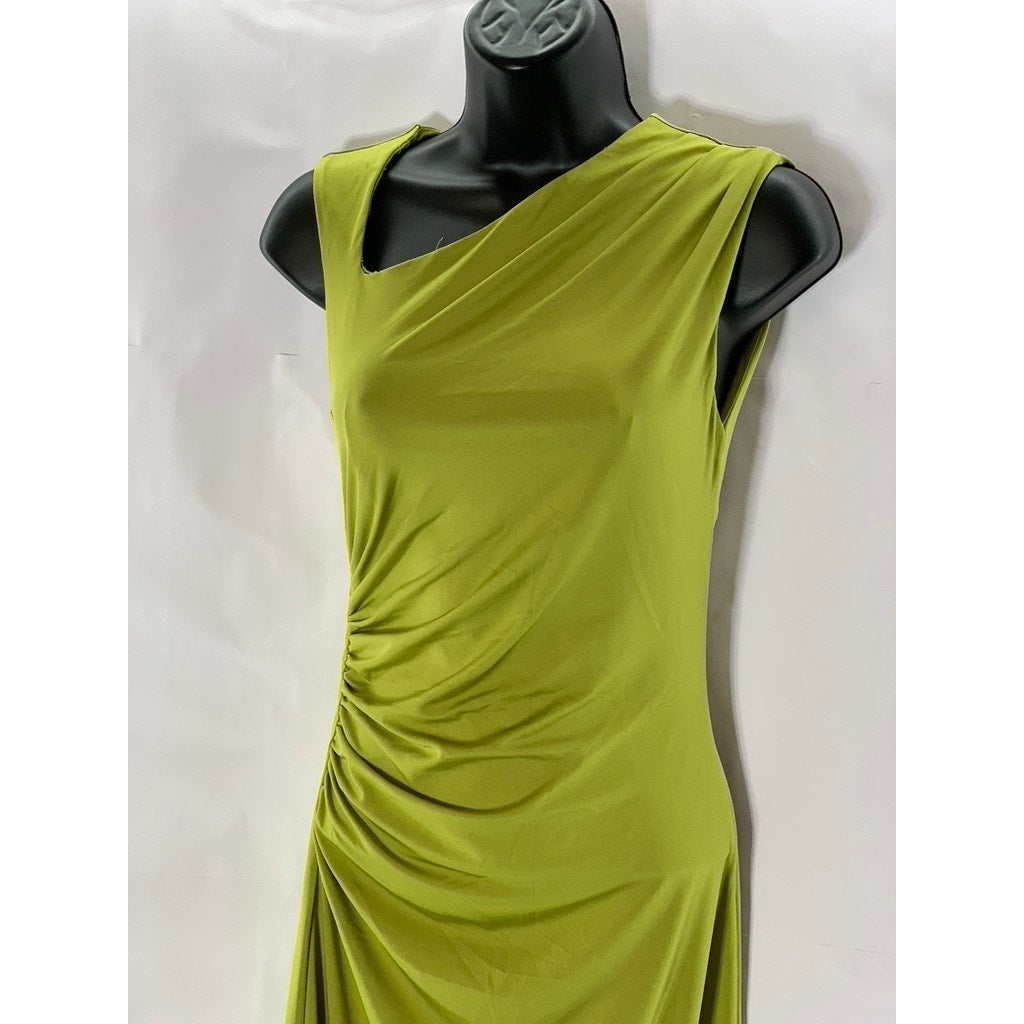 CIDER Women's Olive Green Asymmetrical Ruched Side Slit Maxi Dress SZ XS