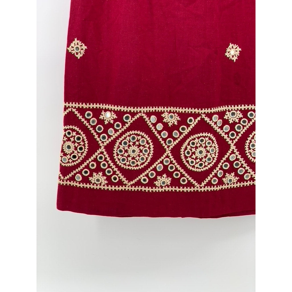 UNBRANDED Women's Burgundy-Beige Embroidered Embellished Eyelet Midi Skirt SZ S