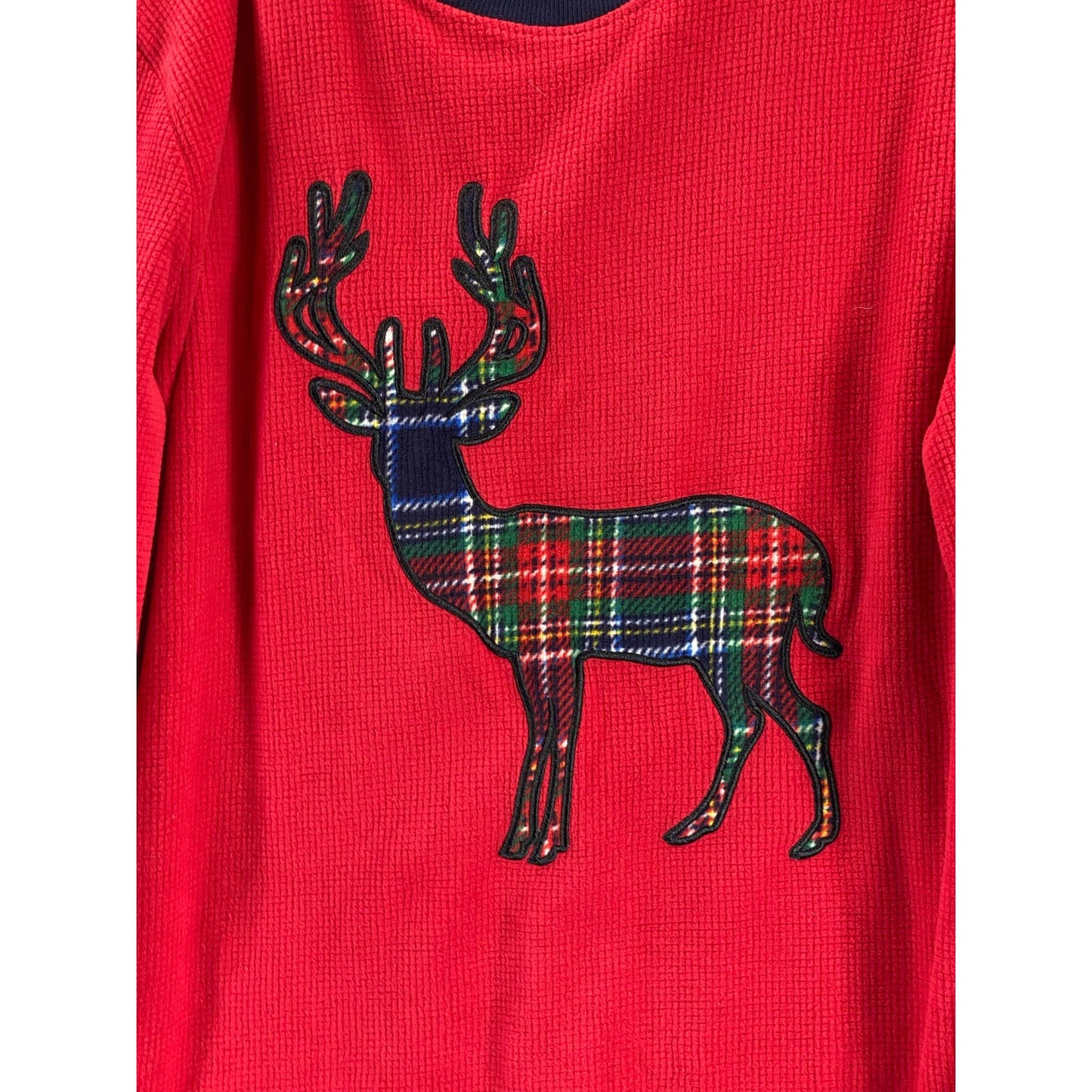 EDDIE BUAER Men's Red/Green Holiday Moose Graphic Waffle Knit Pajama Shirt SZ XL