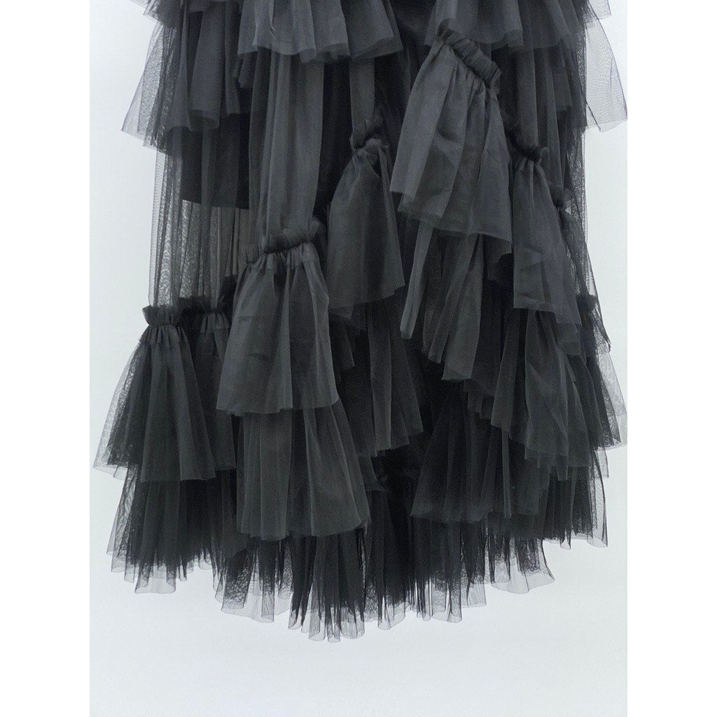 BEULAHSTYLE Women's Black Ruffle Mesh Tiered Midi Skirt SZ S