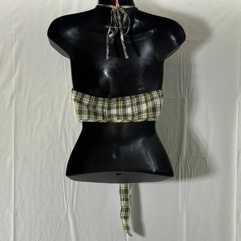 BLASHE Women's Green/Cream Plaid Tie-Knot Backless Halter Crop Top SZ L