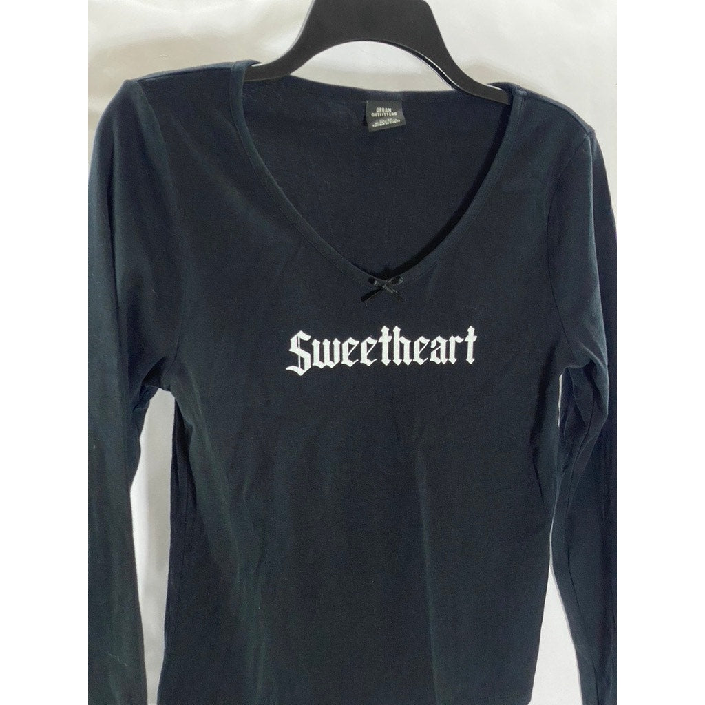 URBAN OUTFITTERS Women's Black-White 'Sweetheart' Fitted Long Sleeve Top SZ XL