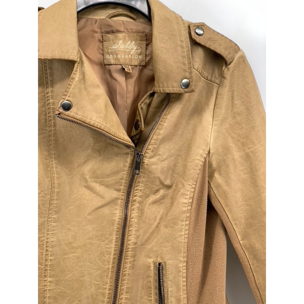 SEBBY COLLECTION Women's Tan Faux-Leather Asymmetrical Zip-Up Jacket SZ M