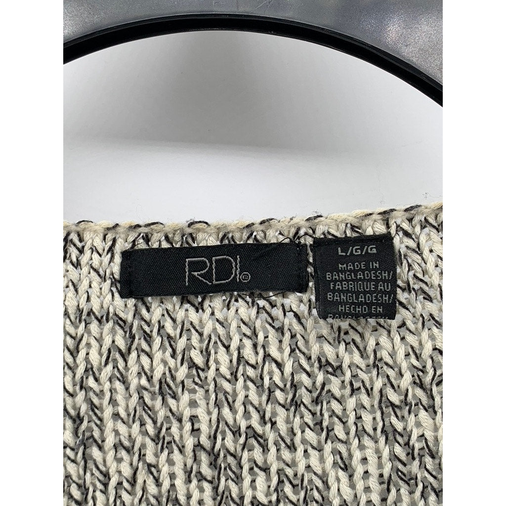 RDI Women's Beige-Black Marled V-Neck Elbow Patch Sweater SZ L