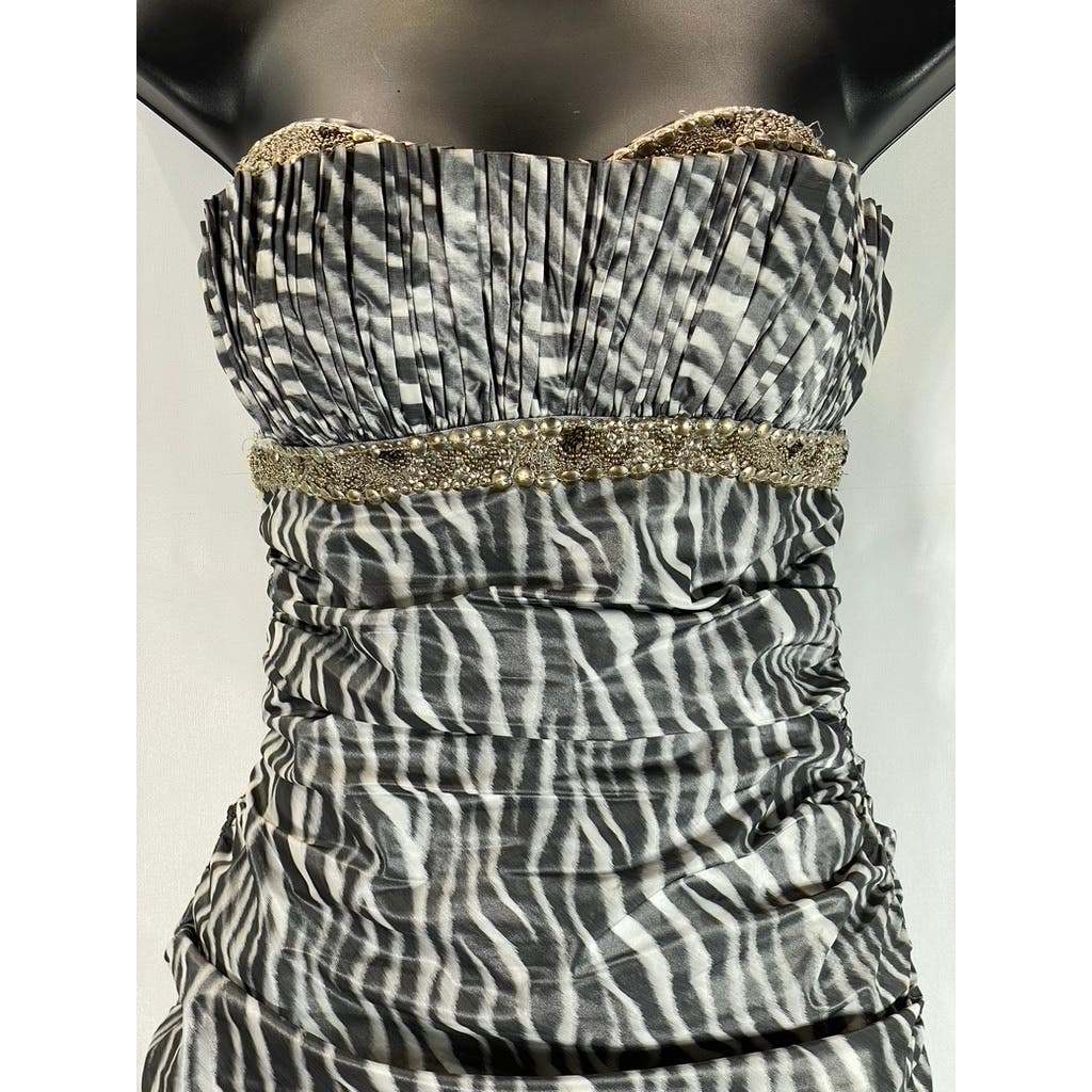 NICOLE BAKTI Vintage y2k Women's Strapless Bodycon Zebra Beaded Mini Dress SZ S