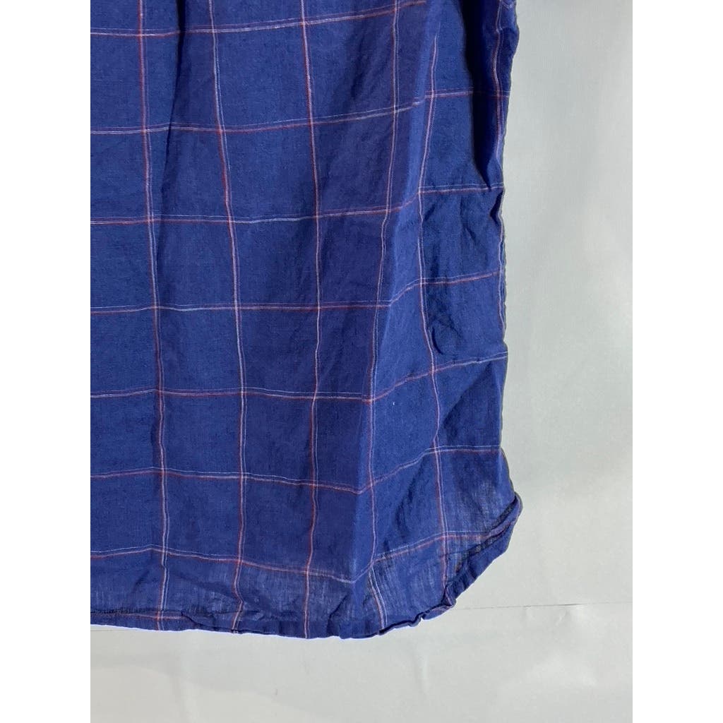 JACHS NEW YORK Men's Blue Windowpane Linen Classic-Fit Button-Up Shirt SZ S