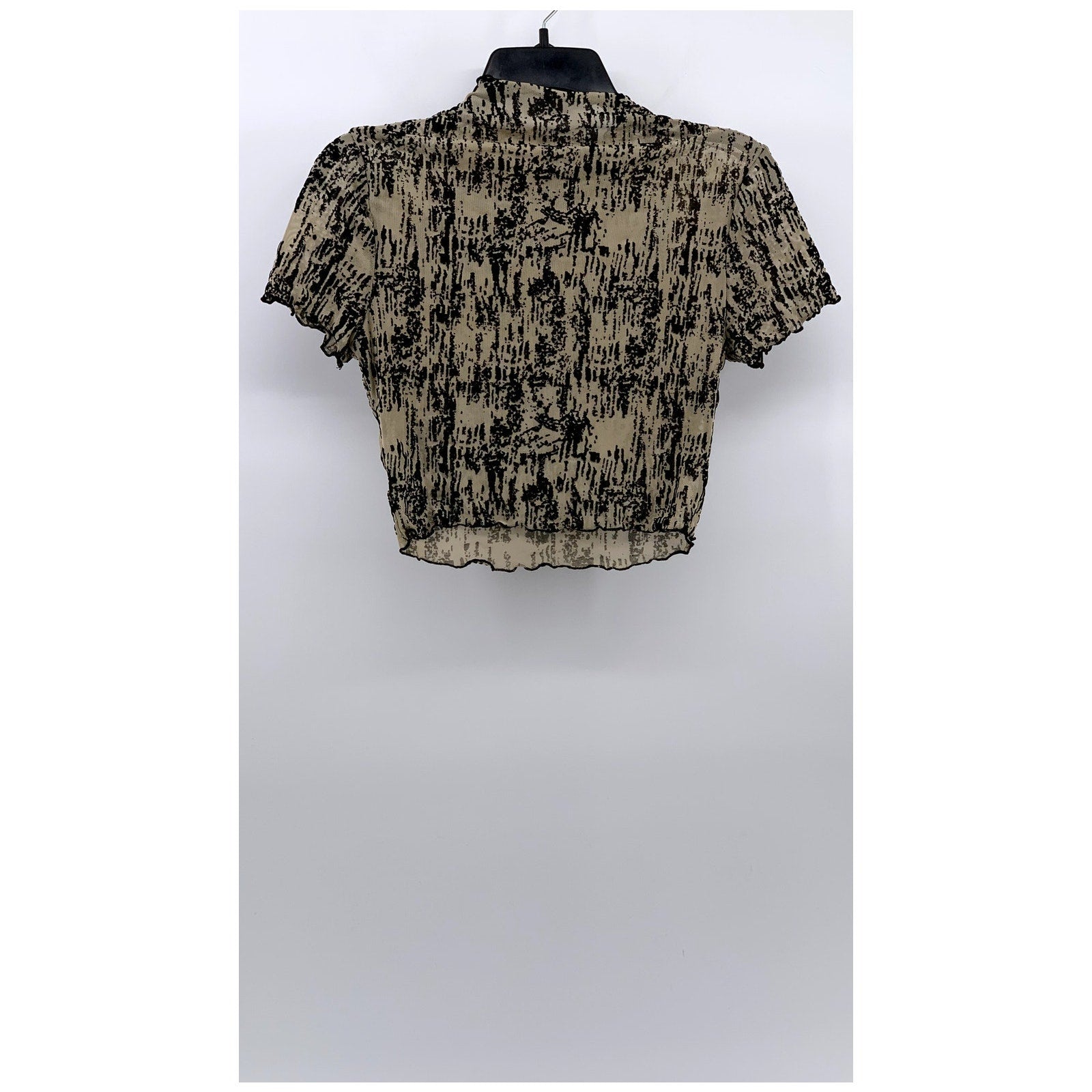 UNBRANDED Women's Black-Brown Printed Short Sleeve Mock-Neck Cropped Top SZ S