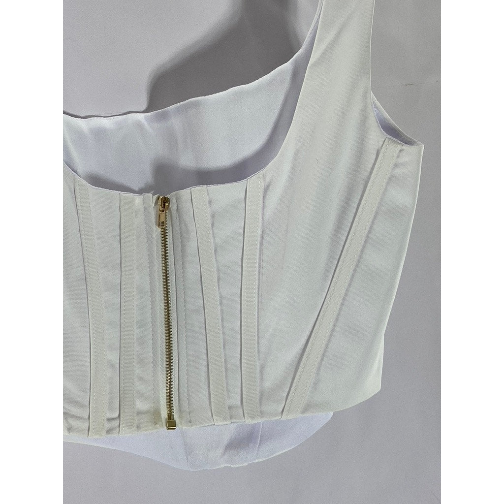 UNBRANDED Women's White Banded Straight-Neck Zip-Up Cropped Corset Top SZ S