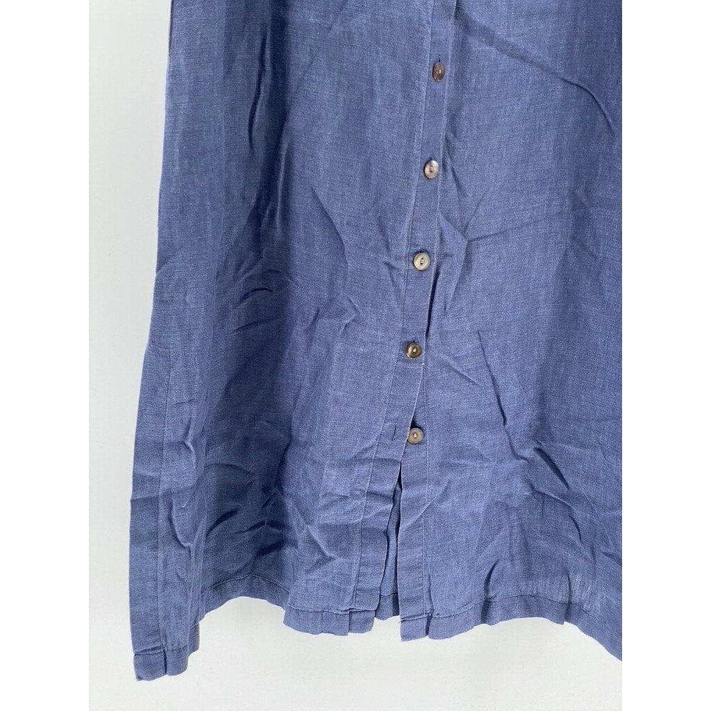 CHELSEA CAMBELL Women's Blue Linen Sleeveless Midi A-Line Shirt Dress SZ S